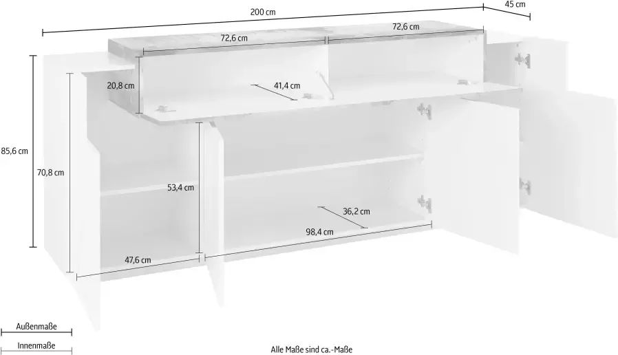 INOSIGN Dressoir Coro Kommode Schrank Kredenz grifflos mit Einlegeböden Breedte ca. 200 cm - Foto 2