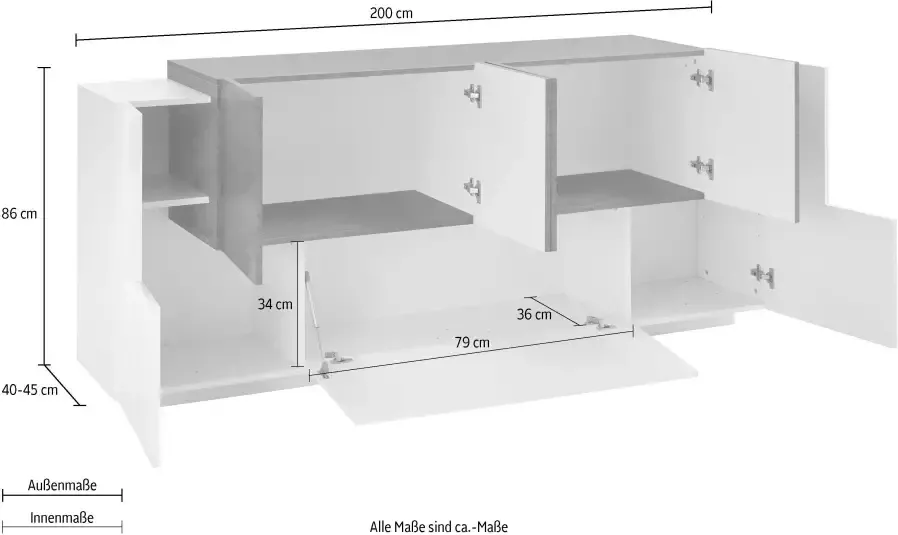 Tecnos Dressoir Coro Kommode Schrank Kredenz grifflos mit Einlegeböden Breedte ca. 200 cm