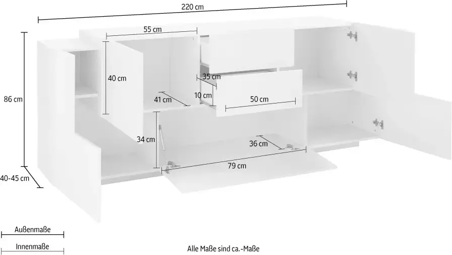 INOSIGN Dressoir Coro Kommode Schrank Kredenz grifflos mit Einlegeböden Breedte ca. 220 cm - Foto 4