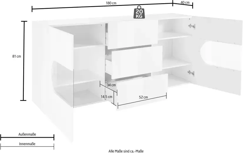 INOSIGN Dressoir Real Vitrine Kommode Schrank komplett hochglanz lackiert Breedte 180 cm - Foto 8