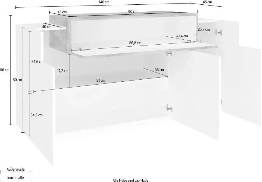 INOSIGN Kast Coro Kommode Schrank Kredenz grifflos Breedte 140 cm hoogglansfronten - Foto 5