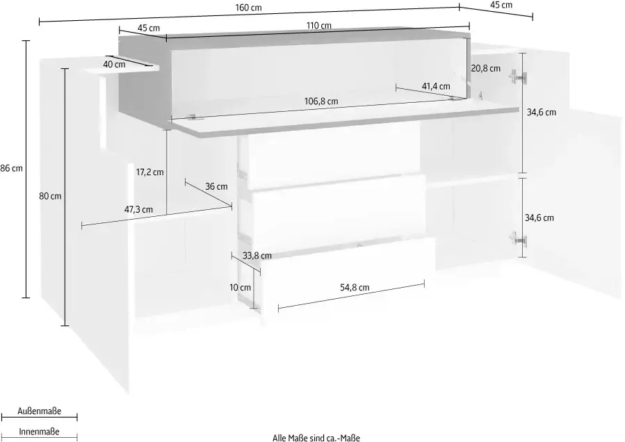 INOSIGN Kast Coro Kommode Schrank Kredenz grifflos Breedte 160 cm hoogglansfronten - Foto 3