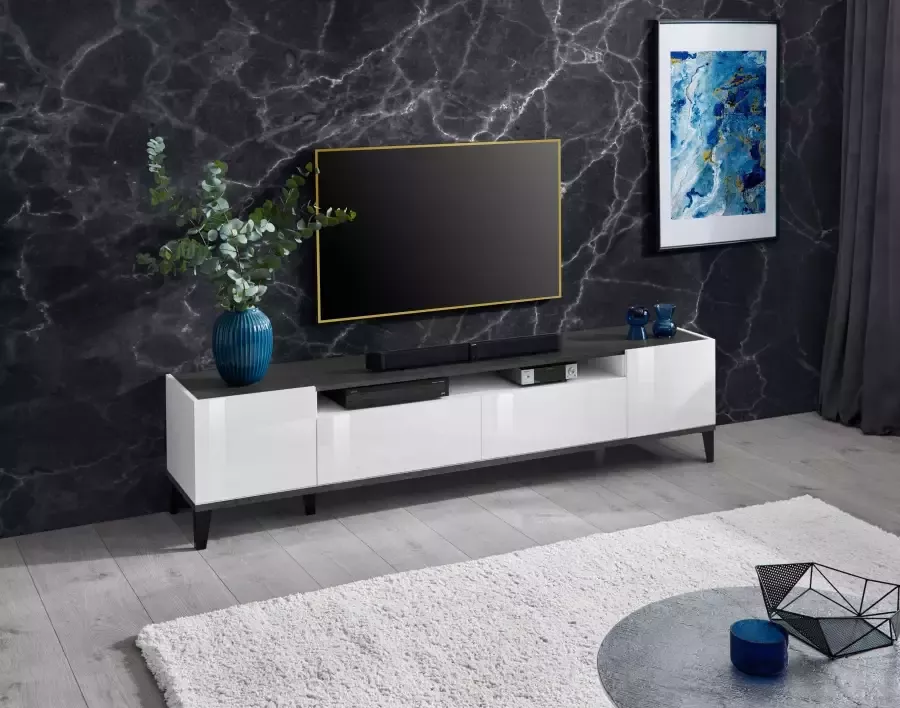 Mister interior SUNRISE TV meubel 200 cm Stijlvol Wit Hoogglans en Leisteen Design Hoogwaardige Kwaliteit - Foto 1