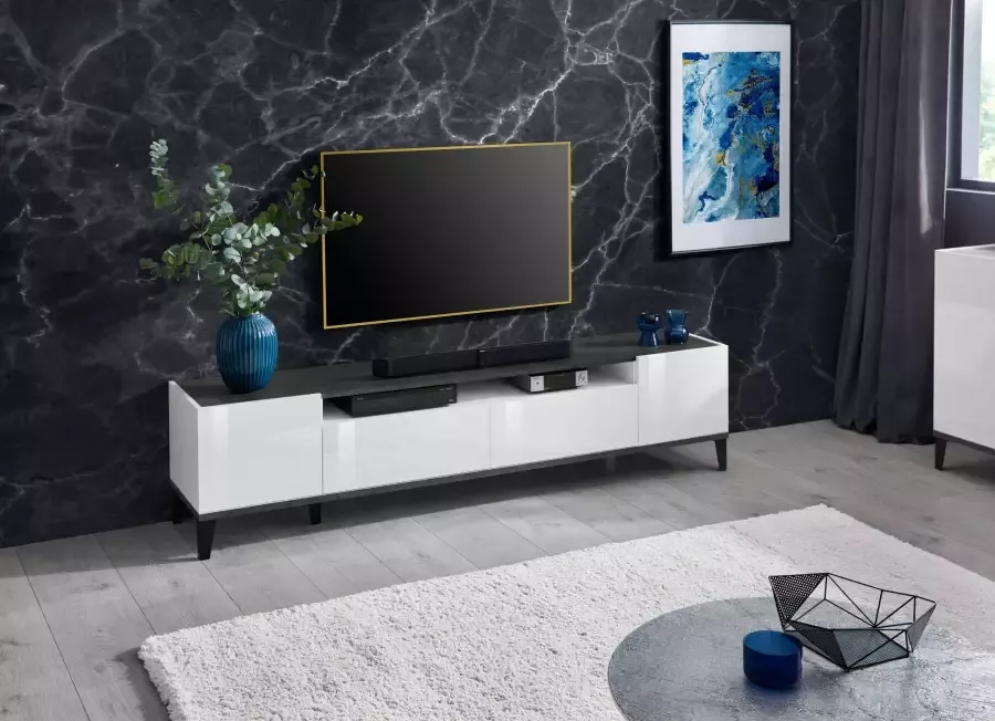 Mister interior SUNRISE TV meubel 200 cm Stijlvol Wit Hoogglans en Leisteen Design Hoogwaardige Kwaliteit - Foto 2