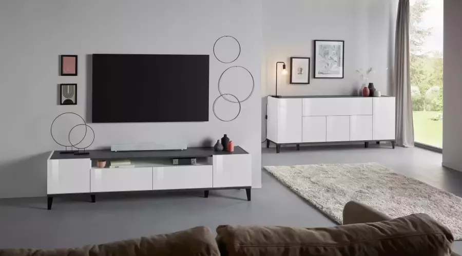 Mister interior SUNRISE TV meubel 200 cm Stijlvol Wit Hoogglans en Leisteen Design Hoogwaardige Kwaliteit - Foto 6