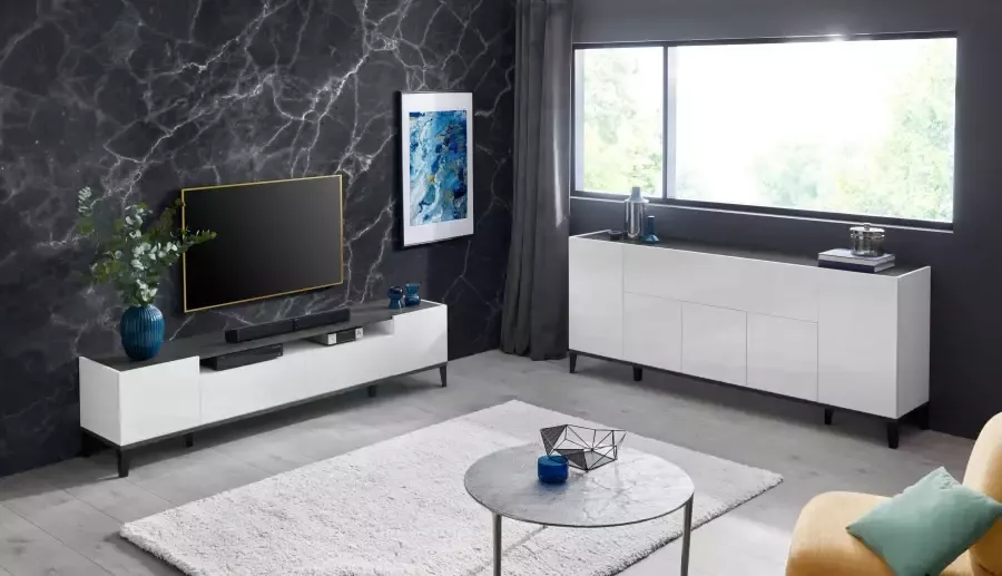 Mister interior SUNRISE TV meubel 200 cm Stijlvol Wit Hoogglans en Leisteen Design Hoogwaardige Kwaliteit - Foto 5