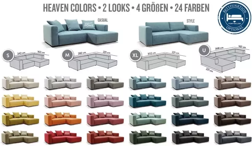 Tom Tailor Hoekbank HEAVEN casual XL uit de colors collection naar keuze met slaapfunctie & bedkist