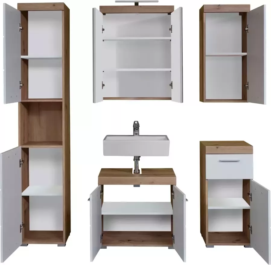 Welltime Badkamerserie Avena Hoge kast WBU spiegelkast commode hangkast u. verlichting (set 5-delig)