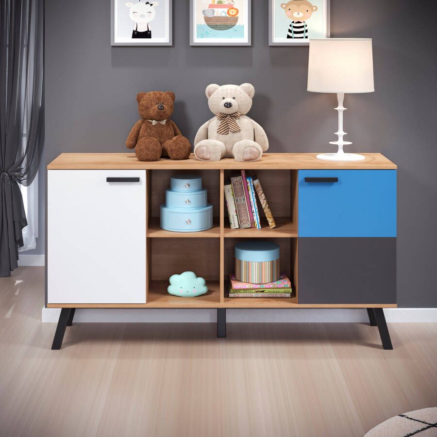 Trendteam smart living Mats Color Sideboard beukengrijs-wit-blauw roze 161 x 86 x 42 cm - Foto 4