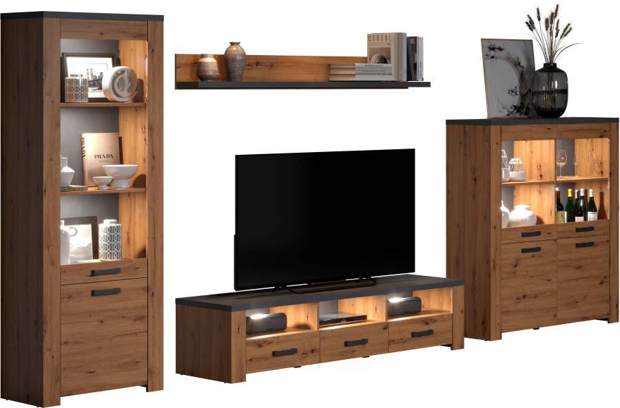 Home affaire Tv-wandmeubel Ambres Moderne tv-set echt-hout-look breedte ca. 409 cm mat (4-delig) - Foto 2