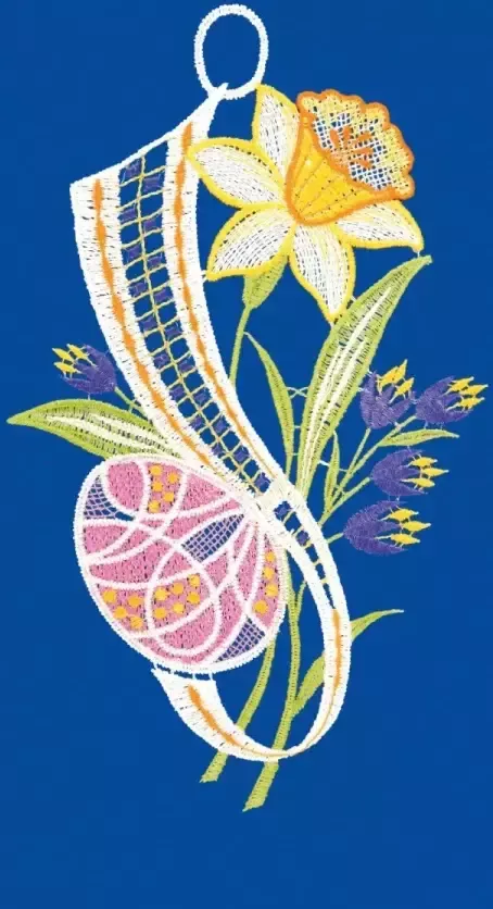 W. Reuter & Sohn Plauener Spitze Raamdecoratie "narcis en ei" in kleur