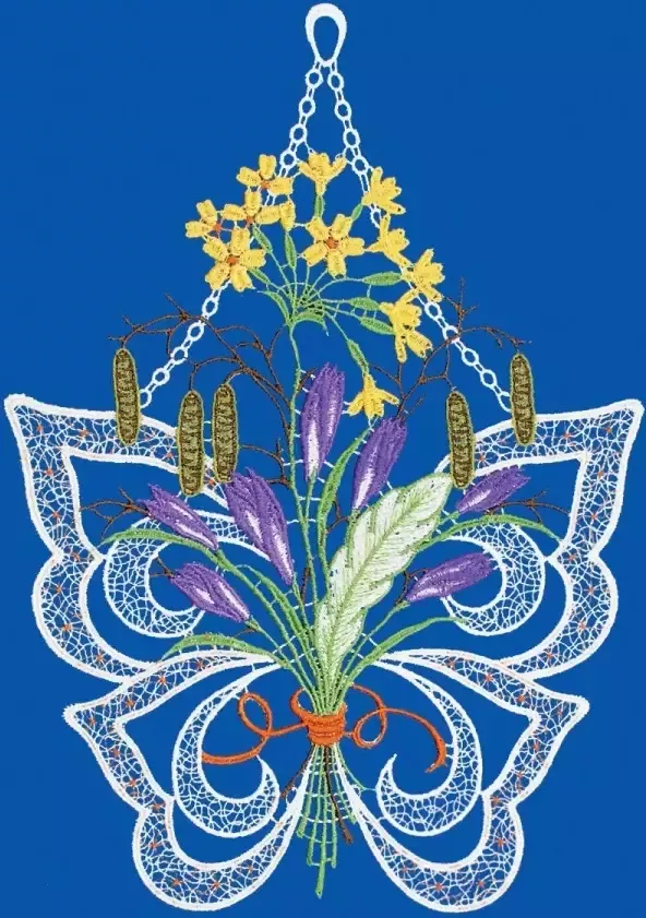 W. Reuter & Sohn Plauener Spitze Raamdecoratie "vlinder met bloemen" in kleur