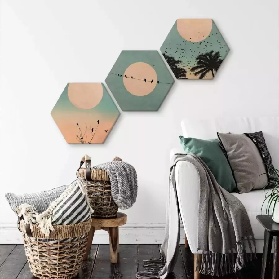 Wall-Art Artprint op hout Hexagon artprint op hout zonsopkomst (set 3 stuks) - Foto 1
