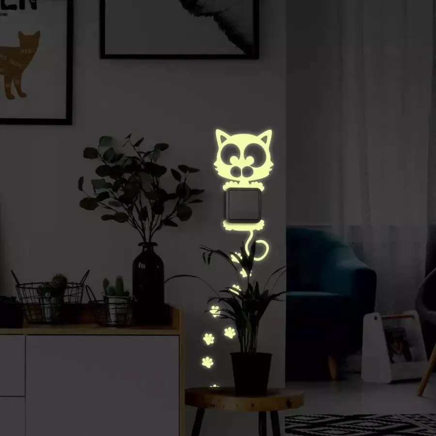 Wall-Art Wandfolie Lichtschakelaar kat verlichte sticker (1 stuk)