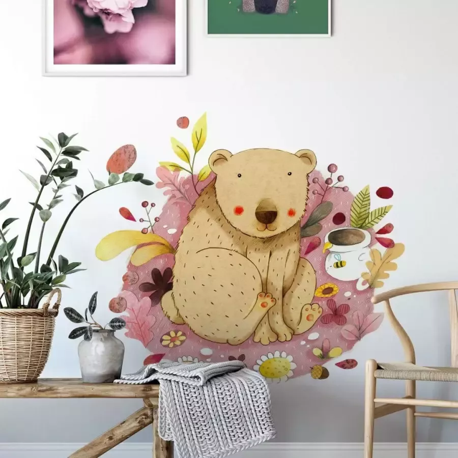 Wall-Art Wandfolie Veelkleurige dierenwereld beer met honingpot (1 stuk) - Foto 1