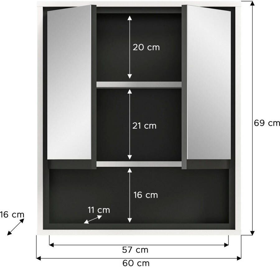 Welltime Badkamerspiegelkast Jaru Badkamermeubel 2 deuren 1 open vak breedte 60 cm