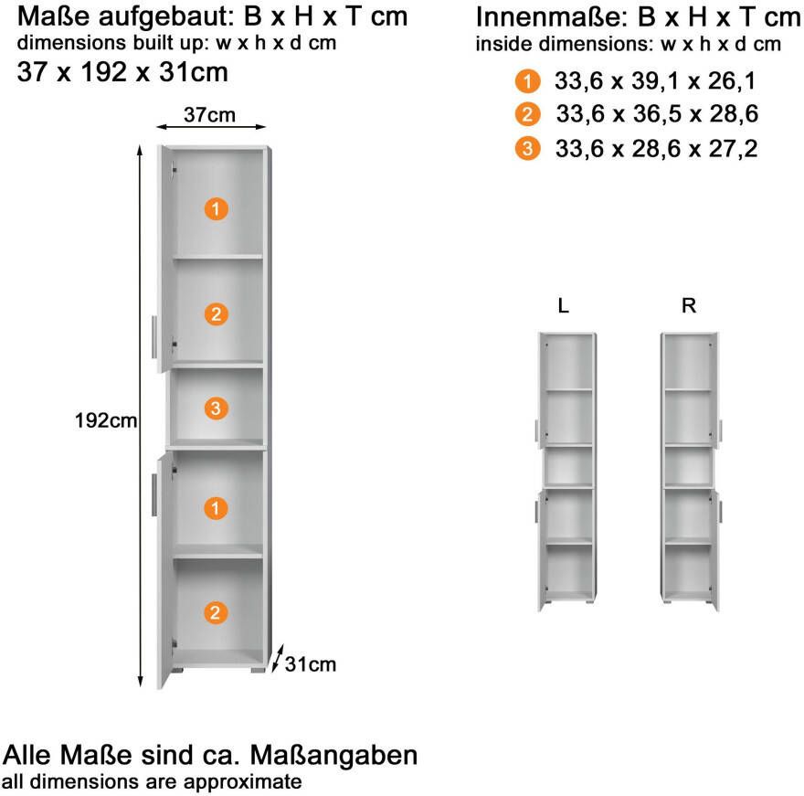 Welltime Hoge kast Praag Badmeubels met verwisselbare deurdranger (B D H) 37 31 192 cm (1 stuk)