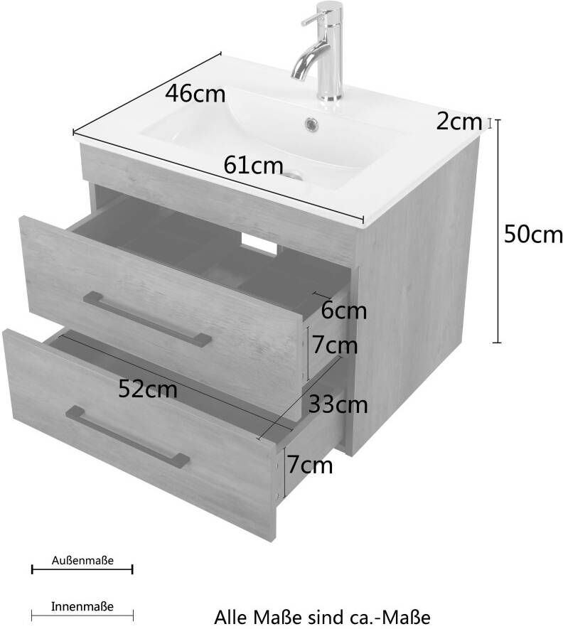 Welltime Wastafelonderkast Florence badkamerkast badkamermeubel inclusief wasbak Wastafelmeubel met 2 laden en soft-closesysteem breedte 60 cm (complete set) - Foto 3