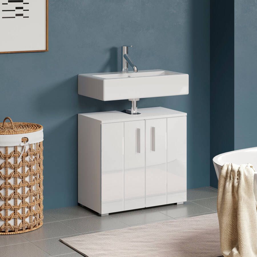 Welltime Wastafelonderkast Praag Wastafel in hoogglans wit 60 34 58 cm Sifonuitsparing 7 24 cm (1 stuk)