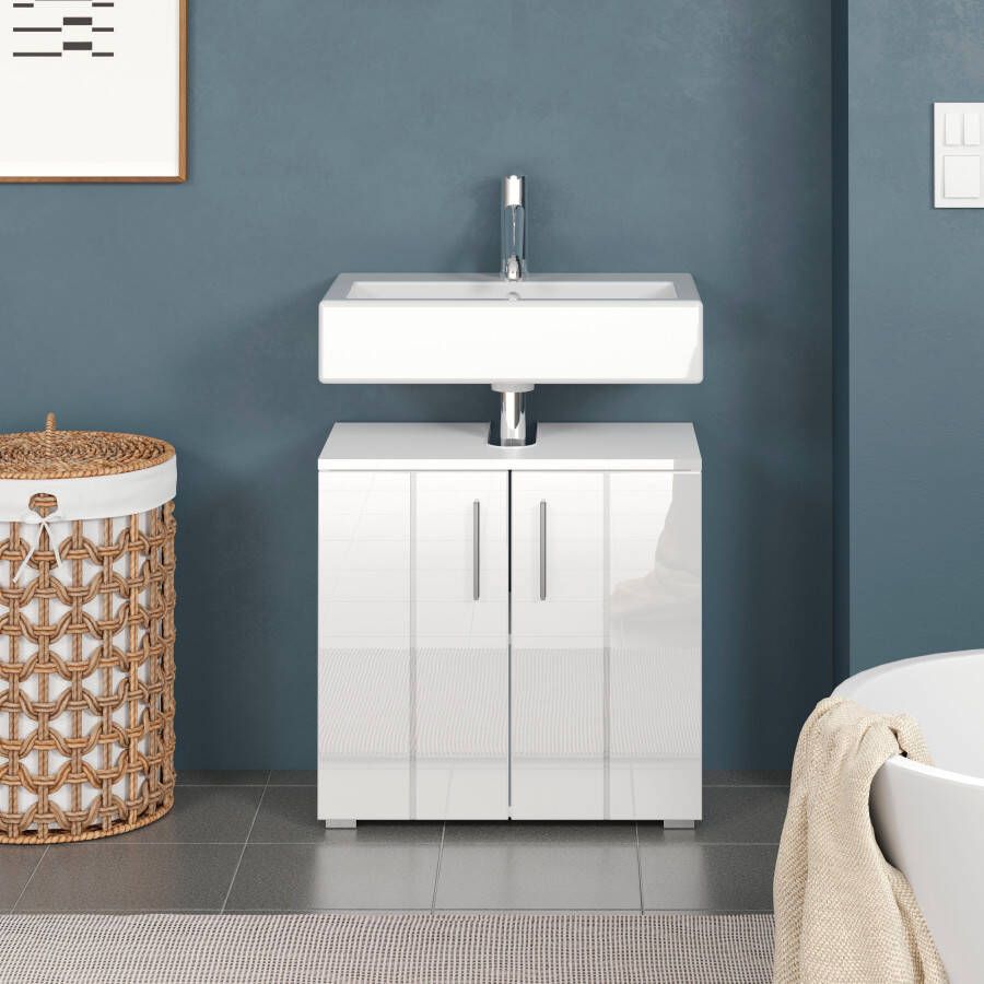Welltime Wastafelonderkast Praag Wastafel in hoogglans wit 60 34 58 cm Sifonuitsparing 7 24 cm (1 stuk) - Foto 2