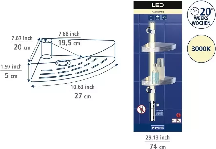 Wenko Badkamerrekje Led hoekdoucherekje 74 cm led-douchestang met bewegingsmelder en 2 legplanken - Foto 12