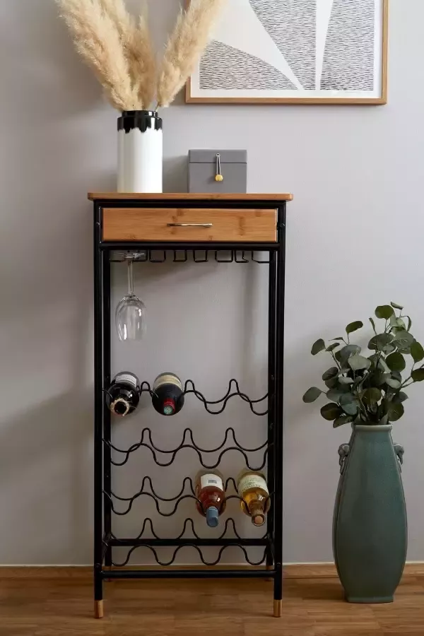 Wenko Wijnflessenhouder Model Loft Flessenrek voor 16 flessen met lade metaal en bamboe - Foto 2