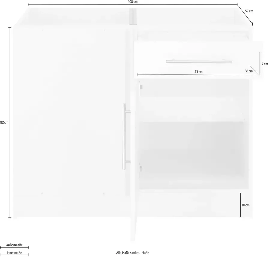 Wiho Küchen Hoekonderkast Cali 100 cm breed ontwerpafmeting 110 cm zonder werkblad