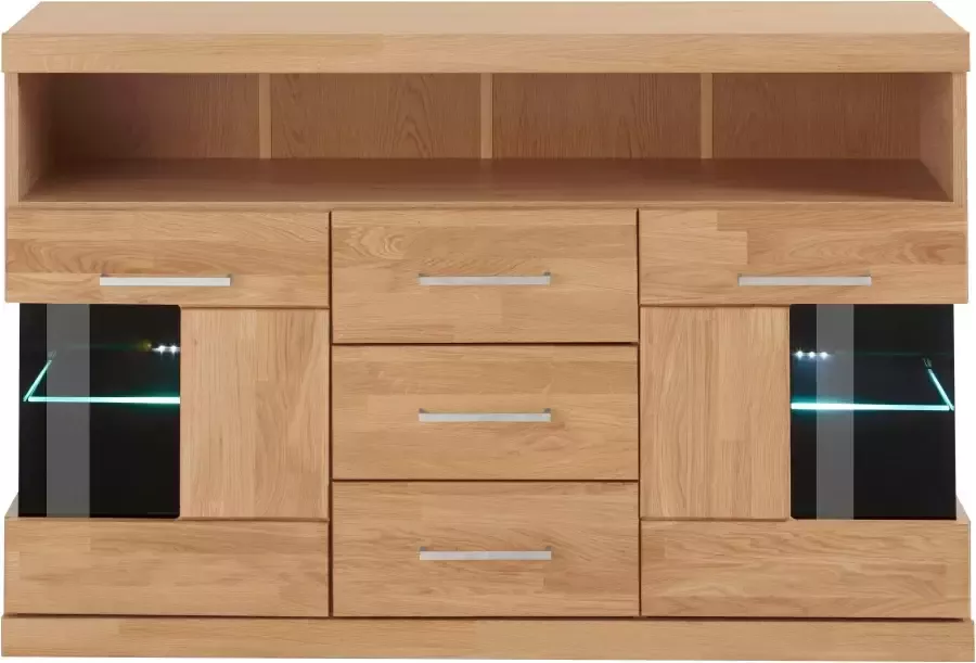 Home affaire Dressoir Ribe 125cm breed fronten massief hout 5 vakken variabele bodems Corpus houtmateriaal deuren met glazen inzet 3 laden metalen grepen - Foto 5