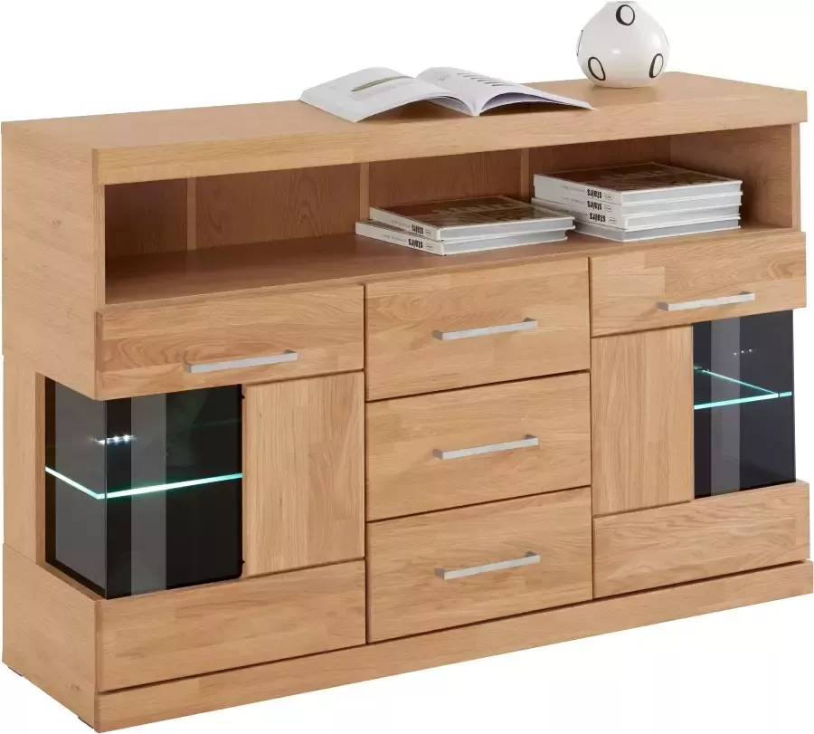 Home affaire Dressoir Ribe 125cm breed fronten massief hout 5 vakken variabele bodems Corpus houtmateriaal deuren met glazen inzet 3 laden metalen grepen