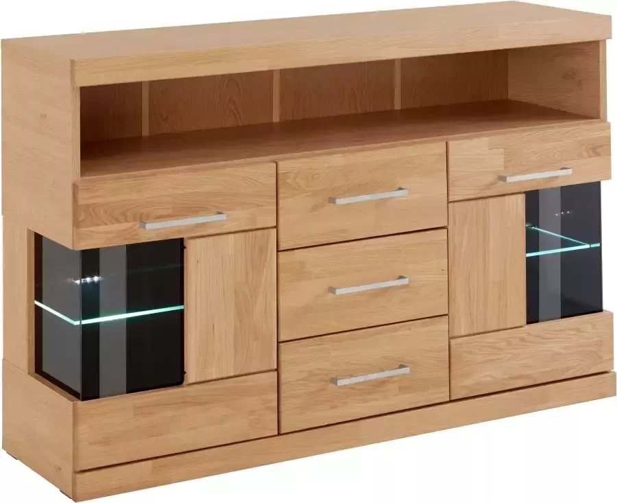 Home affaire Dressoir Ribe 125cm breed fronten massief hout 5 vakken variabele bodems Corpus houtmateriaal deuren met glazen inzet 3 laden metalen grepen - Foto 2