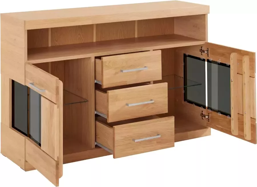 Home affaire Dressoir Ribe 125cm breed fronten massief hout 5 vakken variabele bodems Corpus houtmateriaal deuren met glazen inzet 3 laden metalen grepen - Foto 4