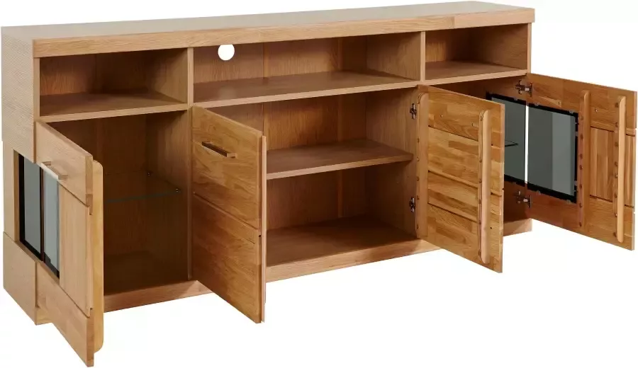 Home affaire Dressoir Ribe 180cm breed 9 vakken Hout massief houtmateriaal metalen handgrepen 2 deuren met glazen inzet - Foto 8