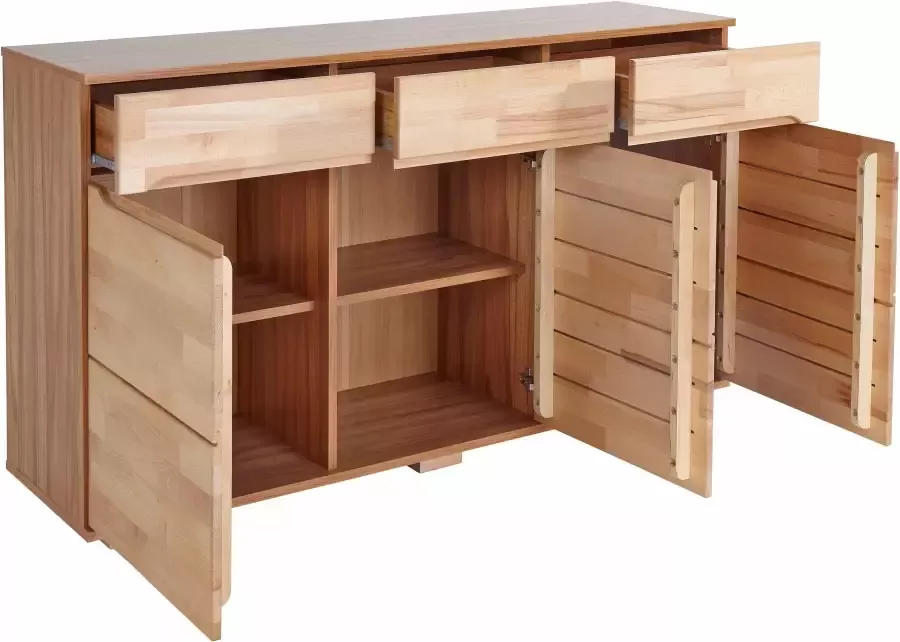 Home affaire Dressoir Vetro 150cm breed 40 cm diep fronten massief hout 6 vakken Kernbeukenhout massief houtmateriaal 3 deuren 3 laden greeploze fronten - Foto 6