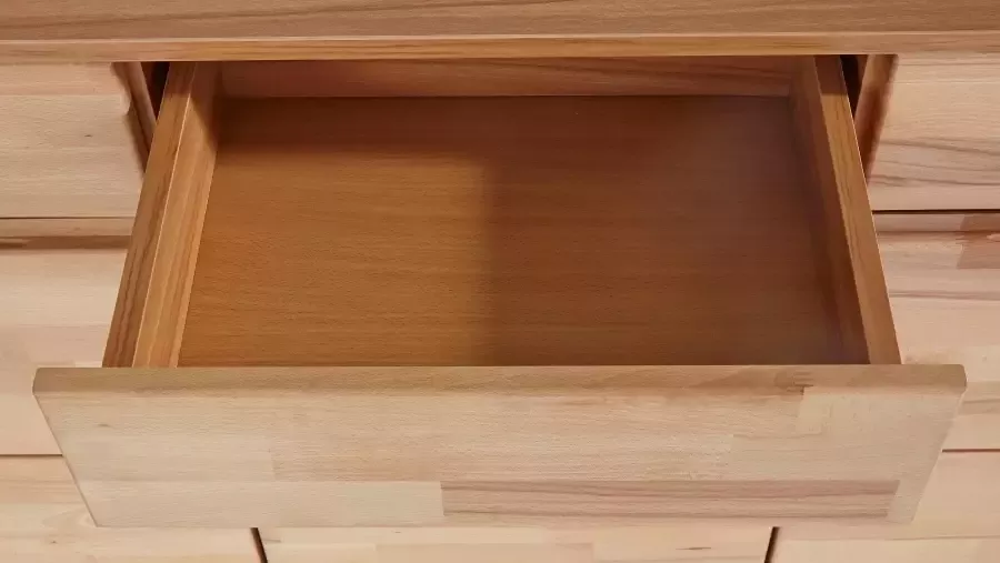 Home affaire Dressoir Vetro 150cm breed 40 cm diep fronten massief hout 6 vakken Kernbeukenhout massief houtmateriaal 3 deuren 3 laden greeploze fronten - Foto 9