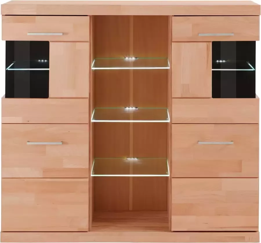 Home affaire Highboard Ribe 120cm breed 112cm hoog 12 vakken Hout massief houtmateriaal metalen handgrepen 2 deuren met glazen inzet - Foto 4