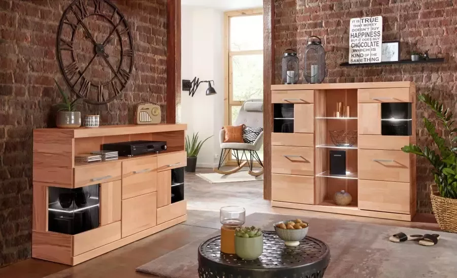 Home affaire Highboard Ribe 120cm breed 112cm hoog 12 vakken Hout massief houtmateriaal metalen handgrepen 2 deuren met glazen inzet - Foto 7