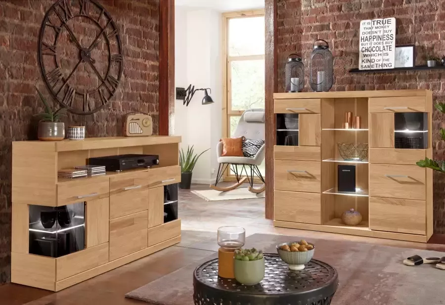 Home affaire Highboard Ribe 120cm breed 112cm hoog 12 vakken Hout massief houtmateriaal metalen handgrepen 2 deuren met glazen inzet - Foto 4