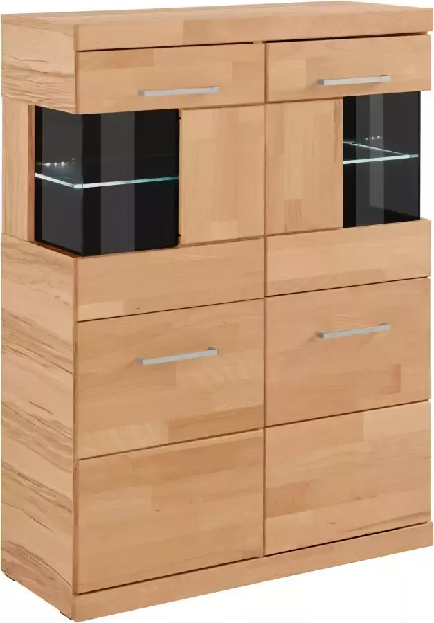 Home affaire Highboard Ribe 85cm breed 115cm hoog fronten massief hout 4 brede vakken Corpus houtmateriaal 2 deuren met glazen inzet planken verstelbaar - Foto 4