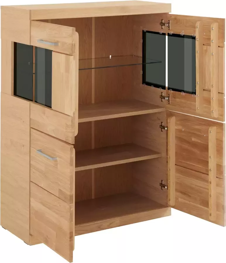 Home affaire Highboard Ribe 85cm breed 115cm hoog fronten massief hout 4 brede vakken Corpus houtmateriaal 2 deuren met glazen inzet planken verstelbaar