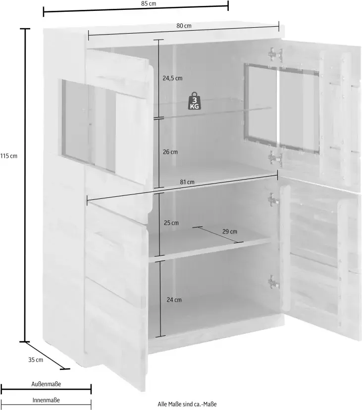 Home affaire Highboard Ribe 85cm breed 115cm hoog fronten massief hout 4 brede vakken Corpus houtmateriaal 2 deuren met glazen inzet planken verstelbaar - Foto 2