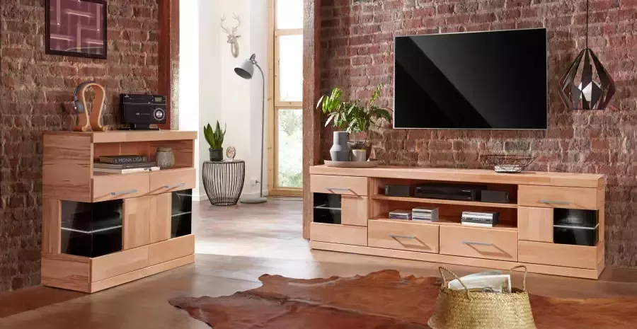 Home affaire Kast Ribe 85cm breed 35 cm diep fronten massief hout 2 deuren met glazen inzet - Foto 8