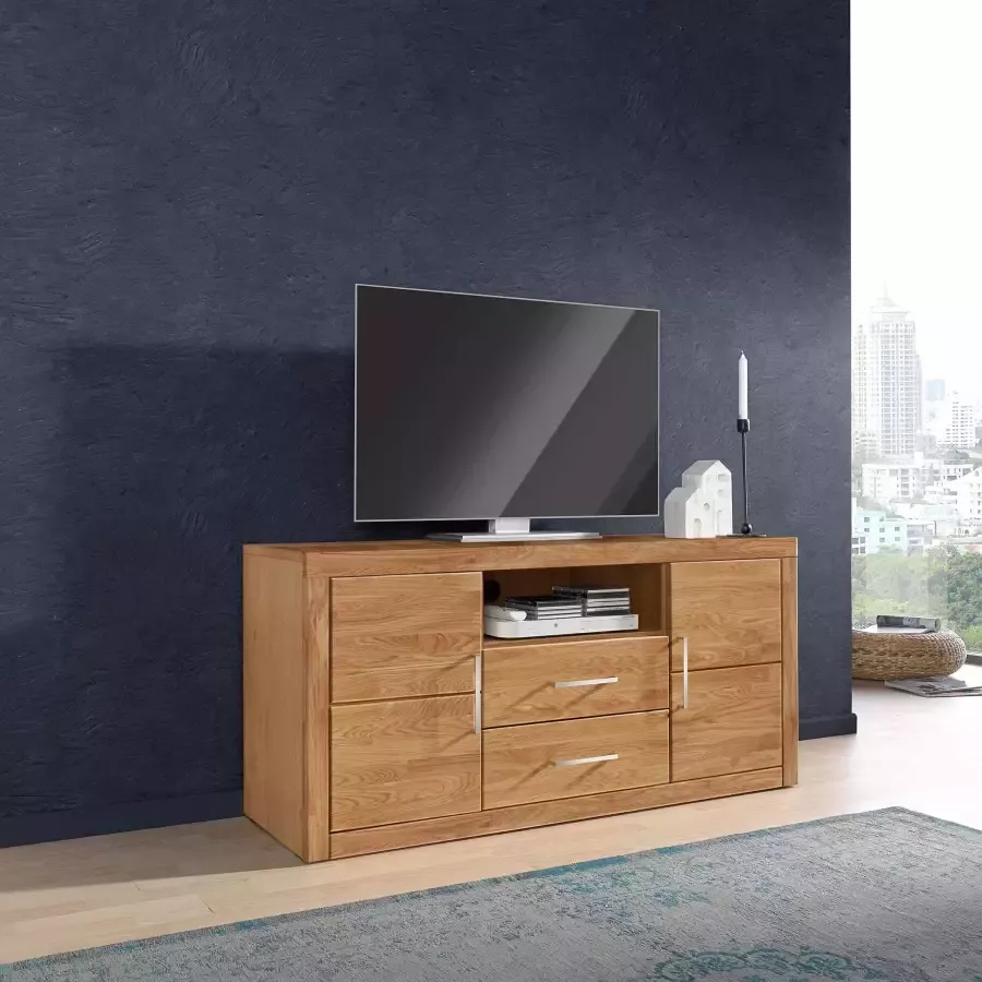 Home affaire Tv-meubel Logo 130cm breed fronten massief hout 5 vakken Hout massief houtmateriaal metalen handgrepen 2 deuren 2 laden