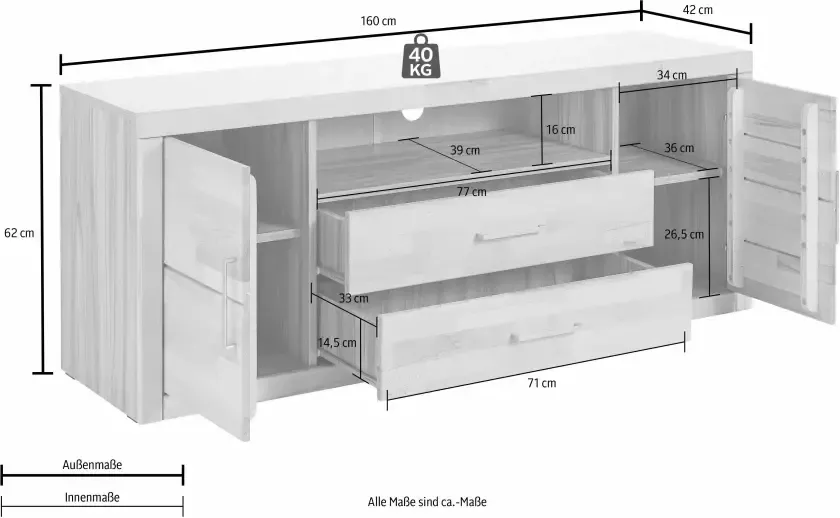 Home affaire Tv-meubel Logo 160cm breed 42 cm diep fronten massief hout kabeldoorvoer - Foto 7