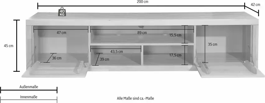 Home affaire Tv-meubel Logo 200cm breed 42 cm diep fronten massief hout kabeldoorvoer - Foto 8