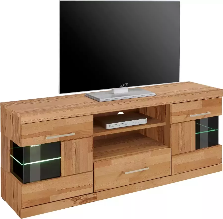 Home affaire Tv-meubel Ribe 140cm breed fronten massief hout 6 vakken kabeldoorvoer Corpus houtmateriaal glazen inzet van gehard glas planken verstelbaar