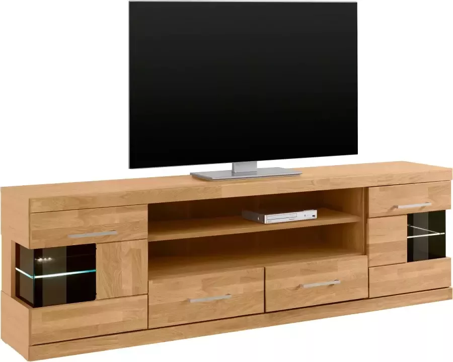 Home affaire Tv-meubel Ribe 180cm breed fronten massief hout 6 vakken kabeldoorvoer Corpus houtmateriaal glazen inzet van gehard glas planken verstelbaar