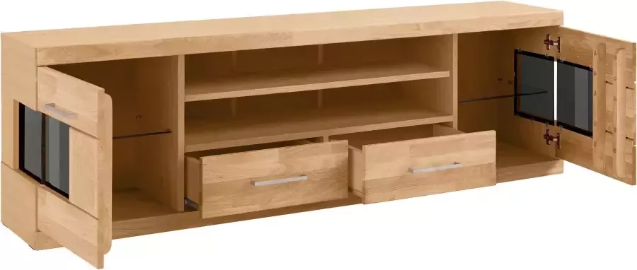 Home affaire Tv-meubel Ribe 180cm breed fronten massief hout 6 vakken kabeldoorvoer Corpus houtmateriaal glazen inzet van gehard glas planken verstelbaar - Foto 4