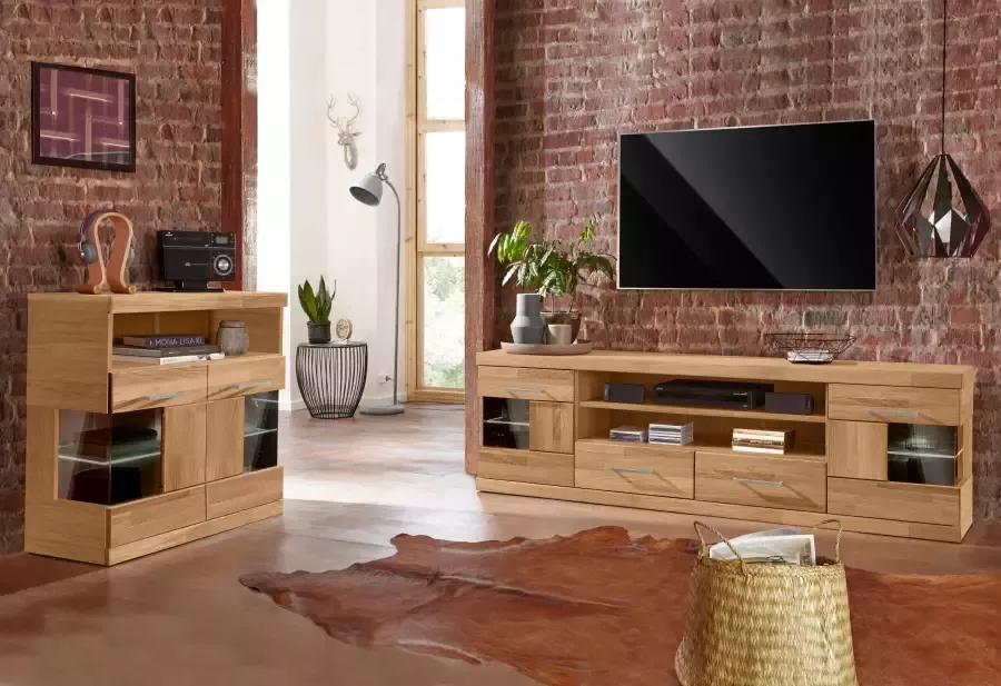 Home affaire Tv-meubel Ribe 180cm breed fronten massief hout 6 vakken kabeldoorvoer Corpus houtmateriaal glazen inzet van gehard glas planken verstelbaar - Foto 2