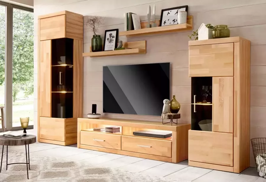 Home affaire Vitrinekast Ribe 125cm hoog 4 vakken 1 glazen plank variabel inzetbaar Massief hout houtmateriaal donker gehard glas metalen handgrepen