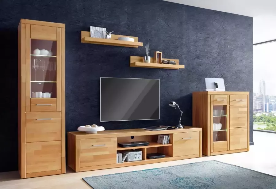 Home affaire Vitrinekast Logo 180cm hoog 42 cm diep fronten massief hout 5 vakken variabele bodems